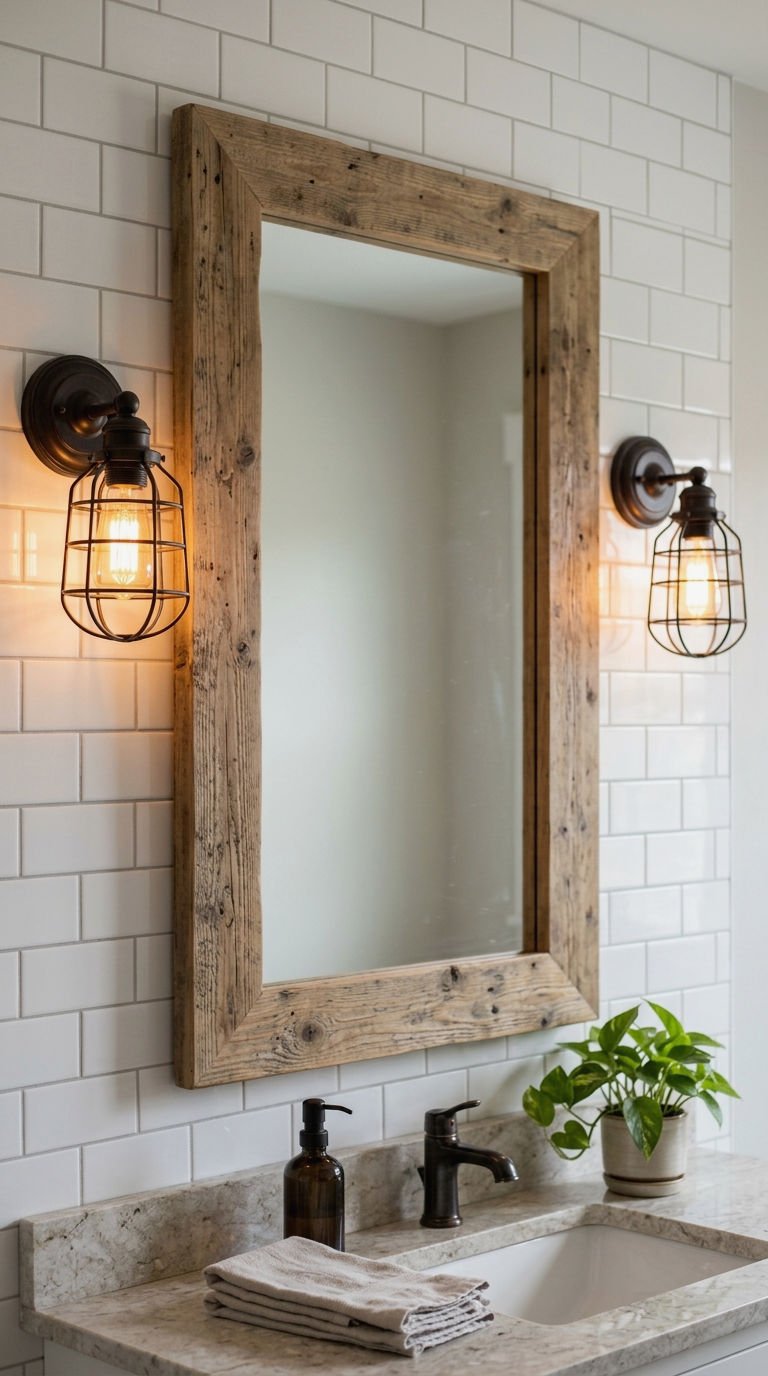 15. Rustic Mirror With Sconce Lighting