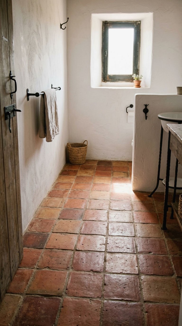 23 Red Bathroom Tile Ideas for a Bold Mediterranean Inspired Space 9 9. Rustic Red Terracotta Floor Tiles