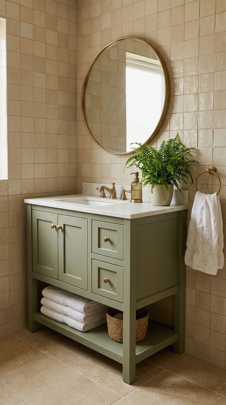 23 Beige Bathroom Tile Ideas for a Warm Neutral Retreat 19 19. Sage Green Meets Beige Tile