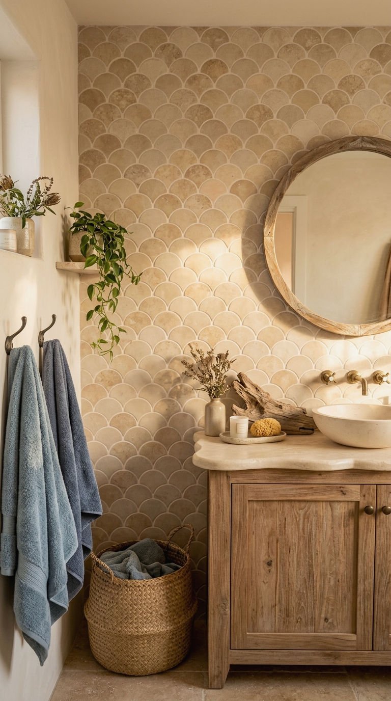 21 Fish Scale Bathroom Tile Ideas for a Coastal Inspired Look 16 16. Sandy Beige Fish Scale Tile