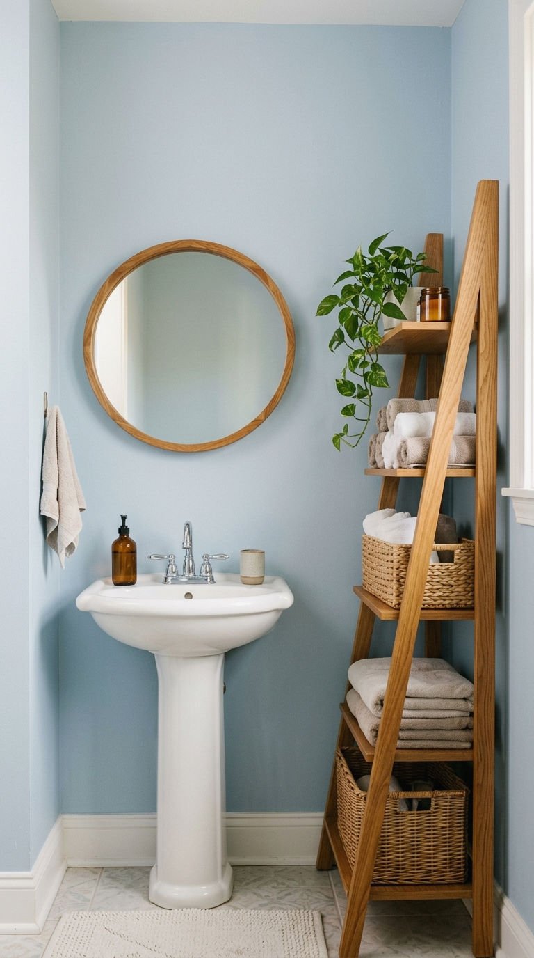 23 Round Mirror With Shelf Ideas for Small Bathrooms 13 13. Shelf Next To Round Mirror