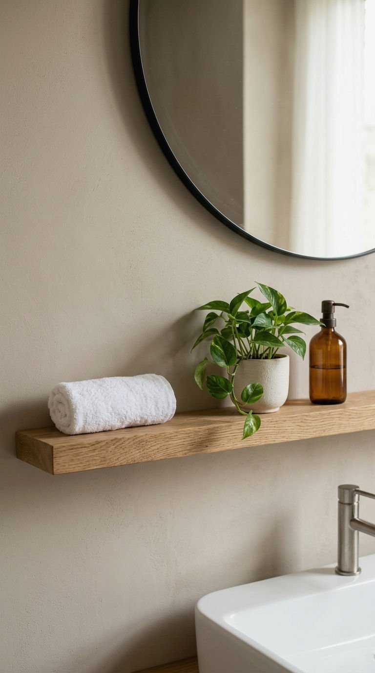 23 Round Mirror With Shelf Ideas for Small Bathrooms 8 8. Shelf Under Round Mirror Bathroom