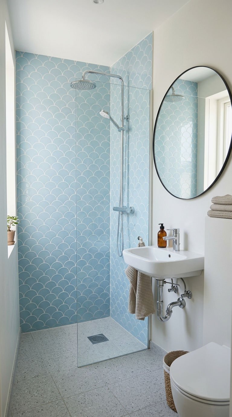 21 Fish Scale Bathroom Tile Ideas for a Coastal Inspired Look 12 12. Small Bathroom Fish Scale Tile