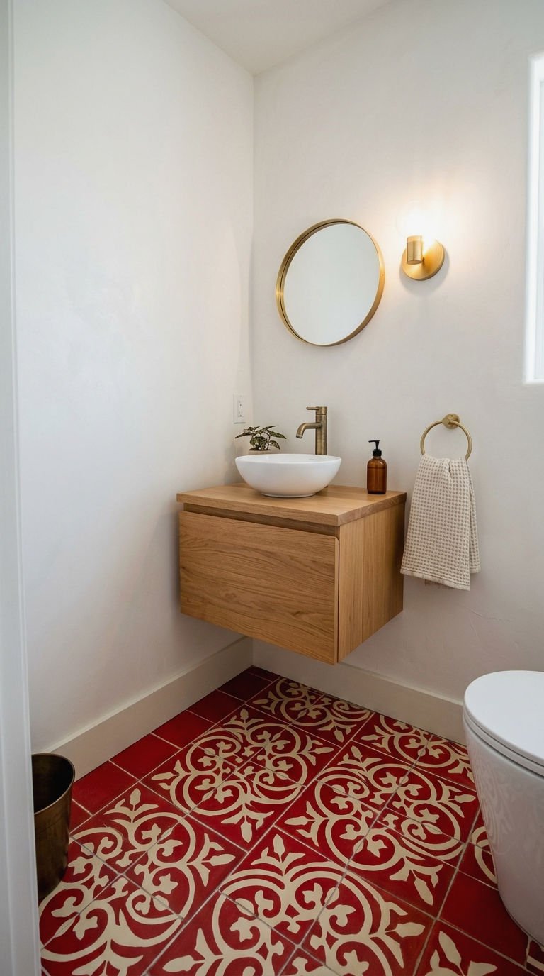 23 Red Bathroom Tile Ideas for a Bold Mediterranean Inspired Space 14 14. Small Bathroom With Red Floor Tile