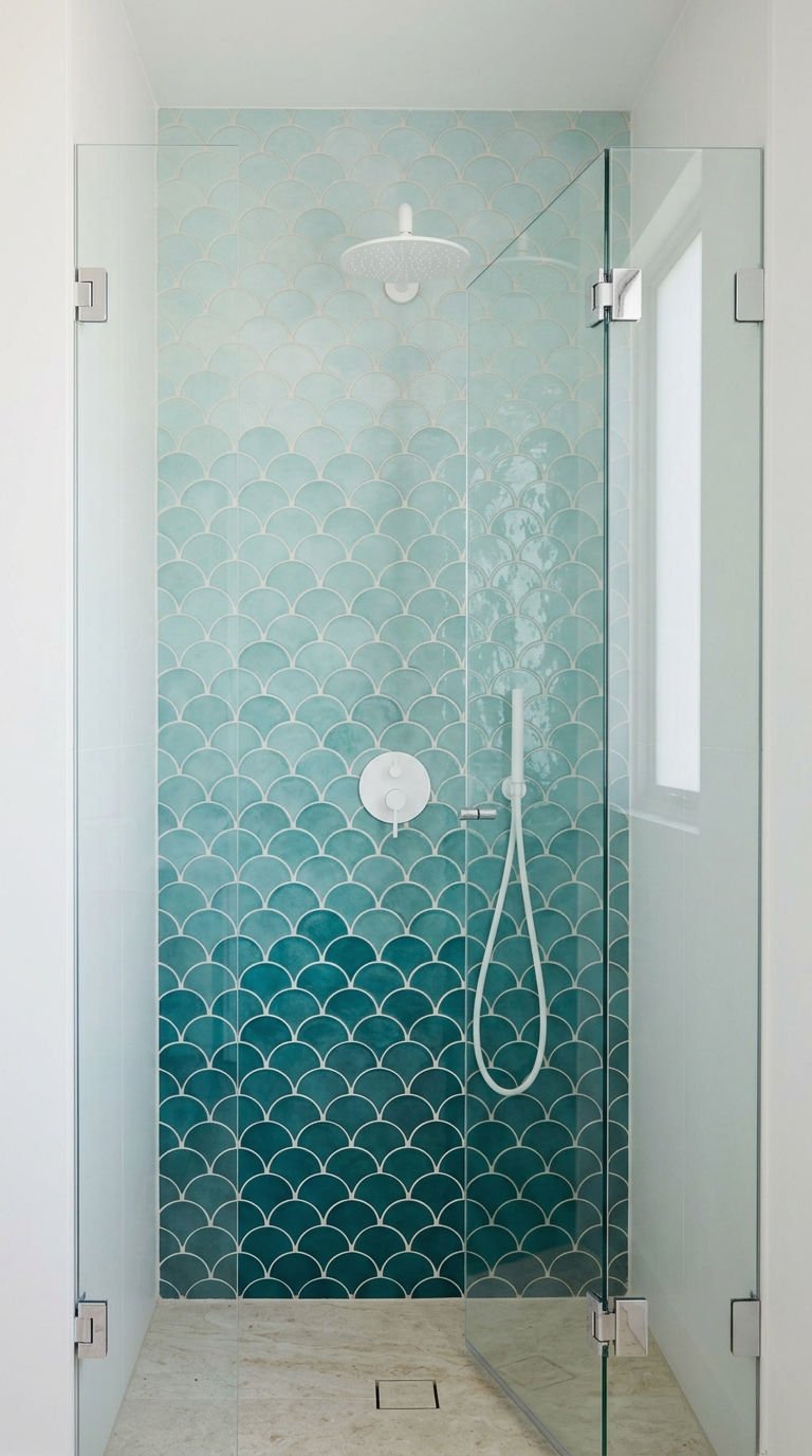 21 Fish Scale Bathroom Tile Ideas for a Coastal Inspired Look 10 10. Soft Ombre Fish Scale Shower