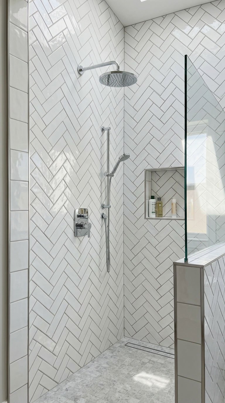 3. Soft White Subway Herringbone Shower Wall