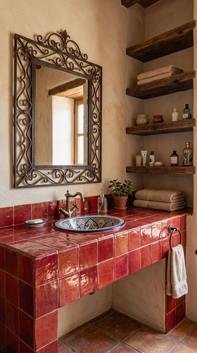 23 Red Bathroom Tile Ideas for a Bold Mediterranean Inspired Space 16 16. Spanish Style Red Tile Bathroom Vanity