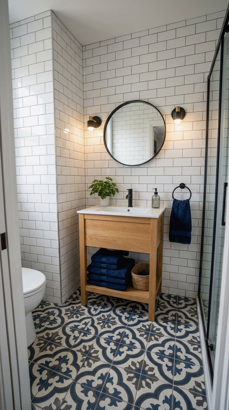 23. Subway Tile with Patterned Cement Floor