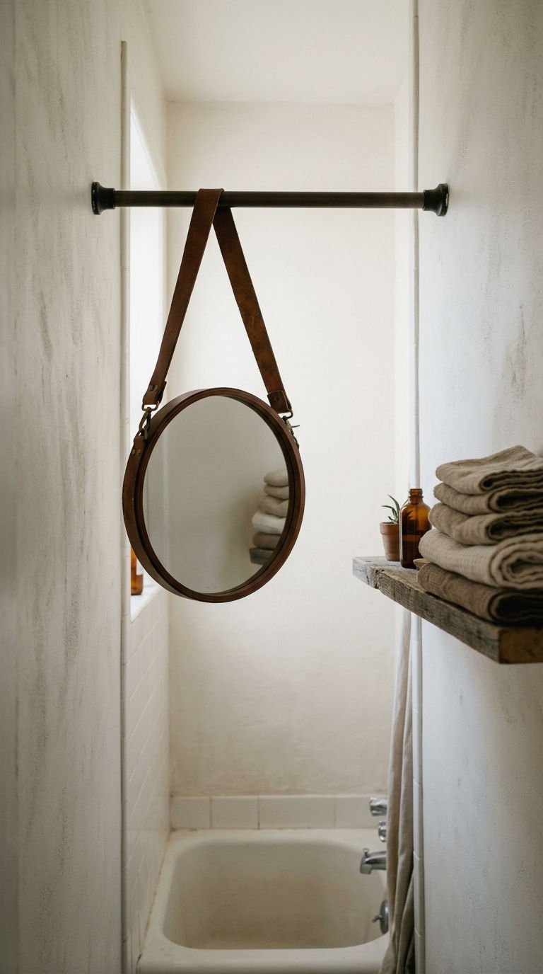 6. Tension Rod Mirror Hanging Trick
