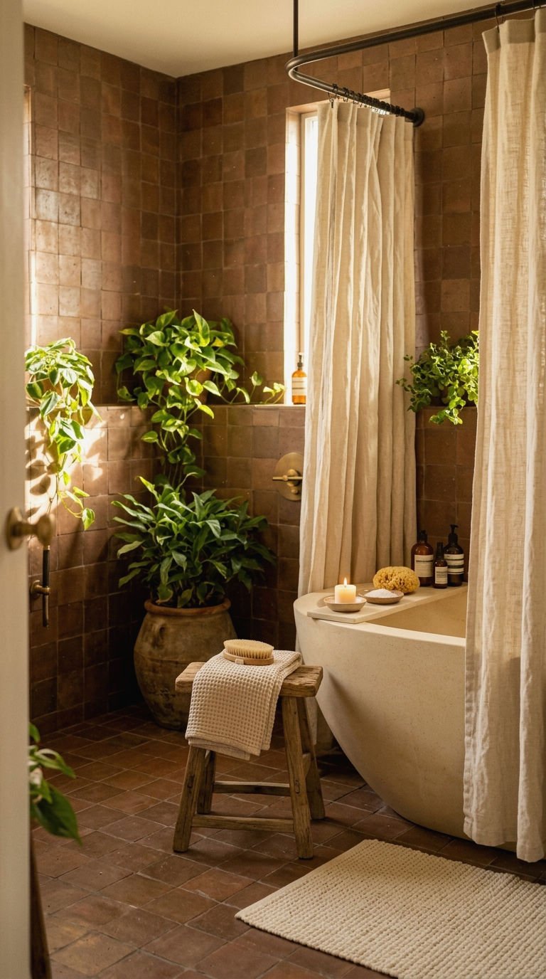22 Brown Bathroom Tile Ideas for a Cozy Earthy Bathroom 4 4. Terracotta Brown Tile Spa Bathroom