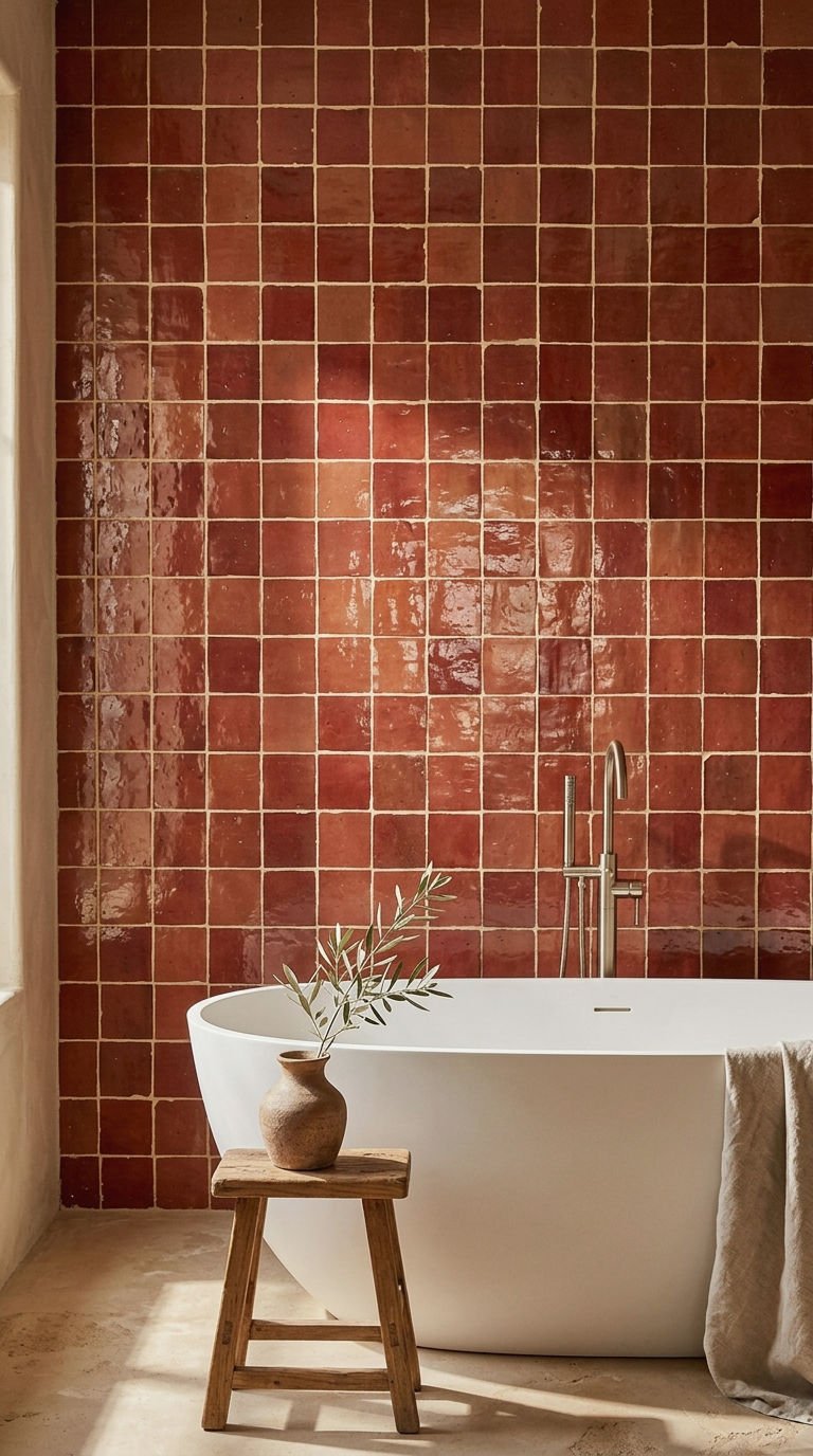 23 Red Bathroom Tile Ideas for a Bold Mediterranean Inspired Space 1 1. Terracotta Red Zellige Wall Tiles