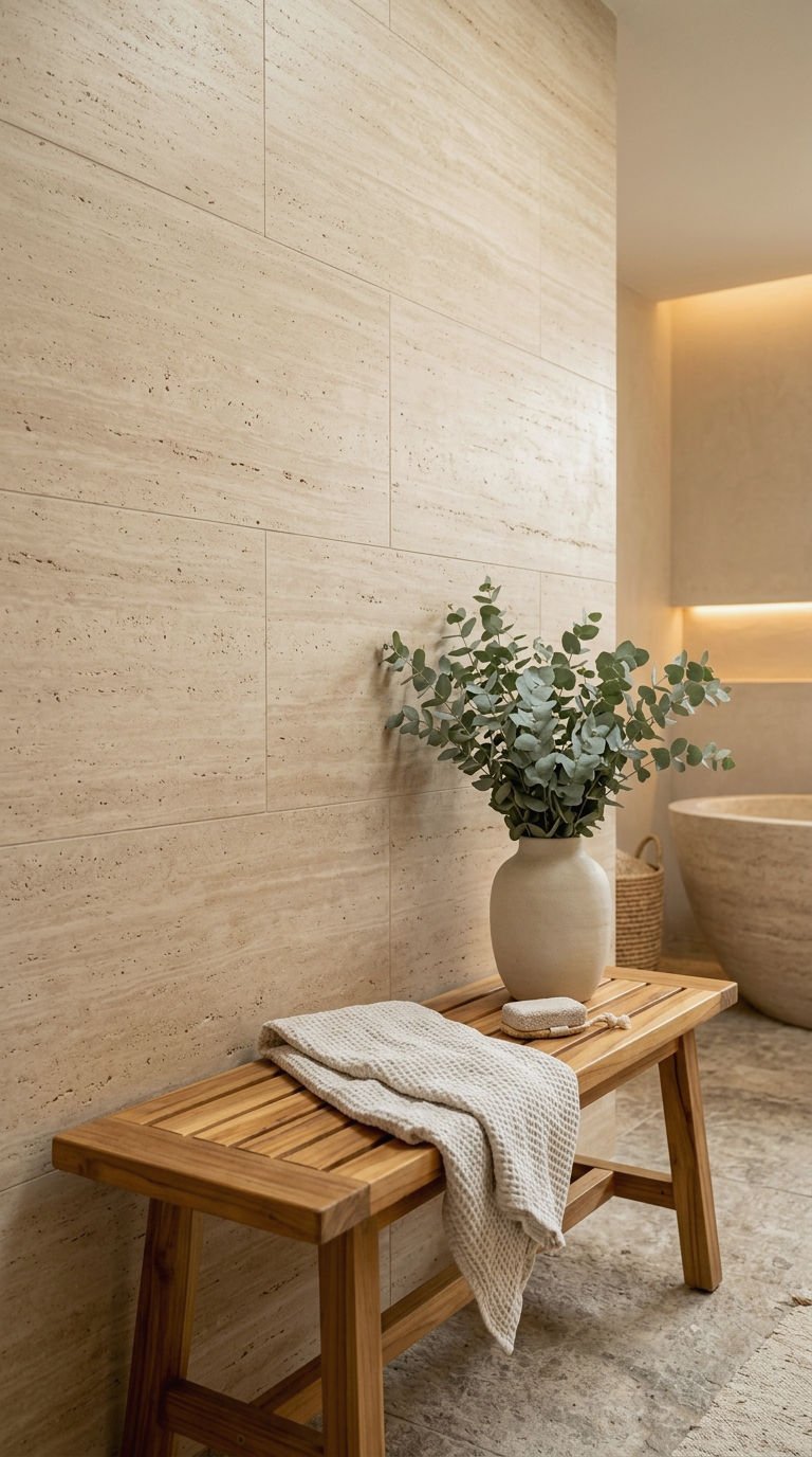 23 Beige Bathroom Tile Ideas for a Warm Neutral Retreat 10 10. Travertine Look Beige Spa Walls