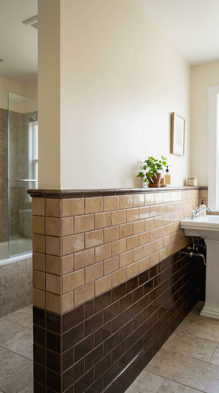 22 Brown Bathroom Tile Ideas for a Cozy Earthy Bathroom 22 22. Two Tone Brown Tile Half Wall
