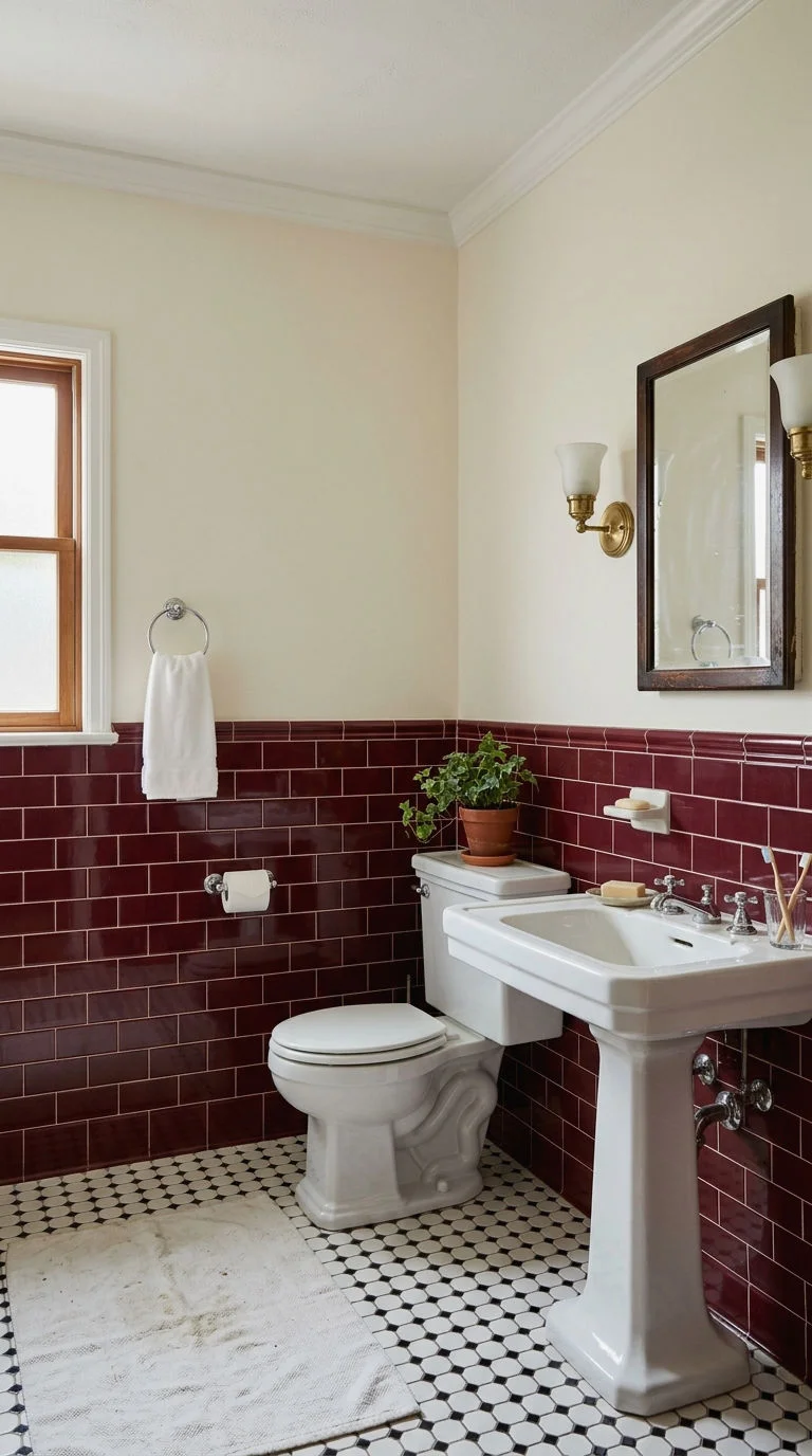 11. Two Tone Burgundy Tile Wainscoting