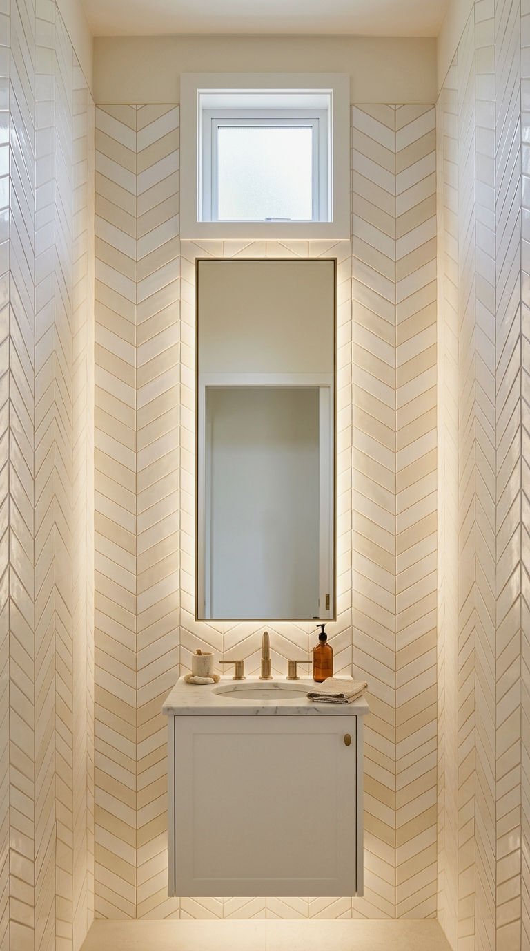 22 Chevron Bathroom Tile Ideas for a Sleek Directional Pattern 14 14. Vertical Chevron Tile to Raise Ceilings