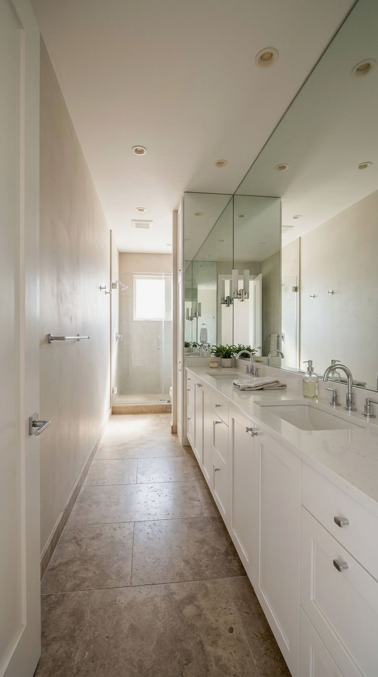 20 Oversized Bathroom Mirror Ideas to Make a Small Bathroom Look Bigger 7 7. Wall to Wall Mirror Reflection