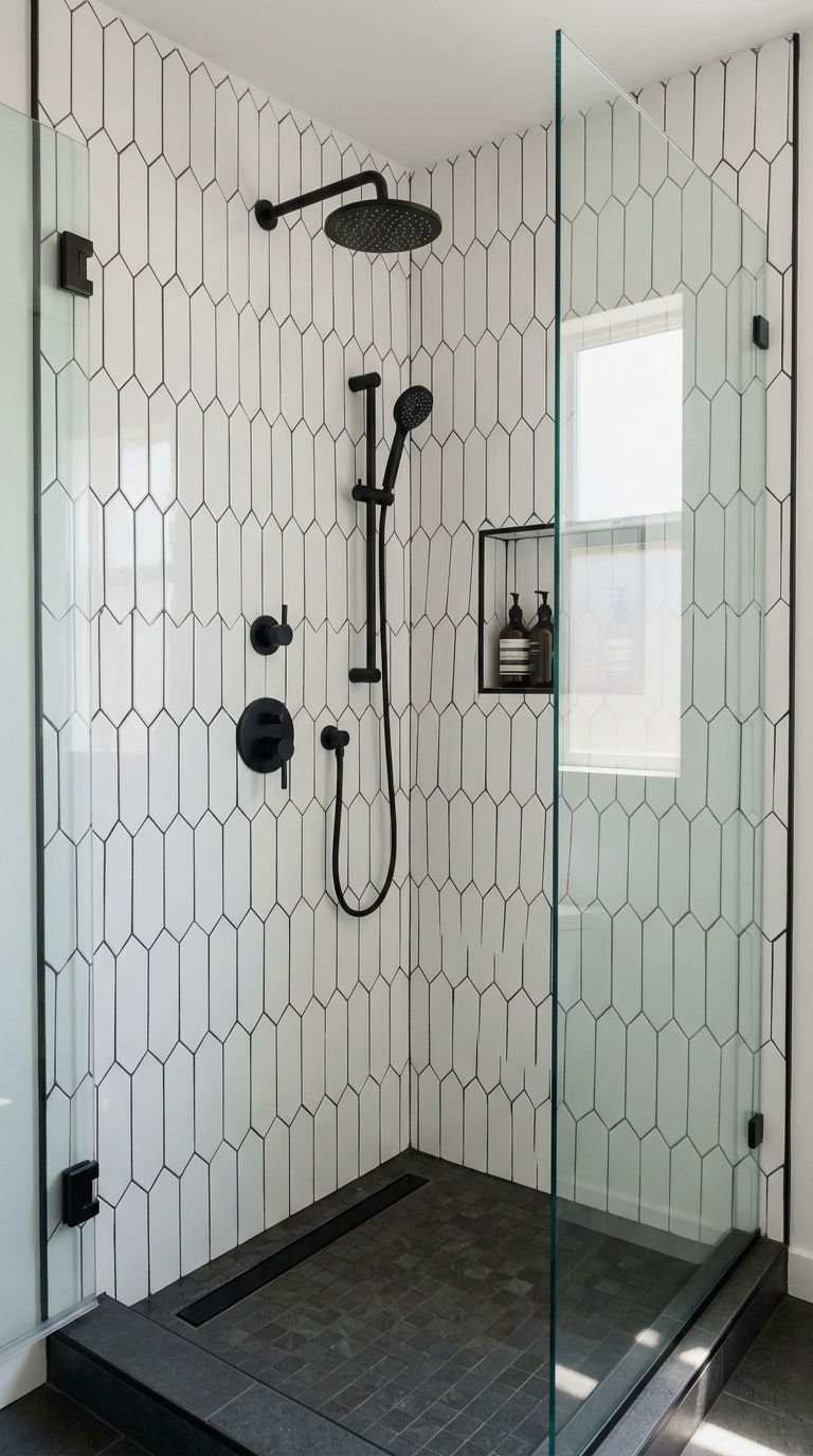 7. White Picket Tile With Charcoal Grout