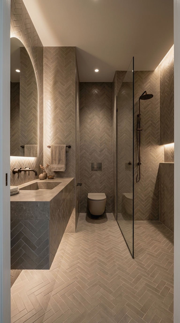 22. Whole Bathroom Herringbone Wrap