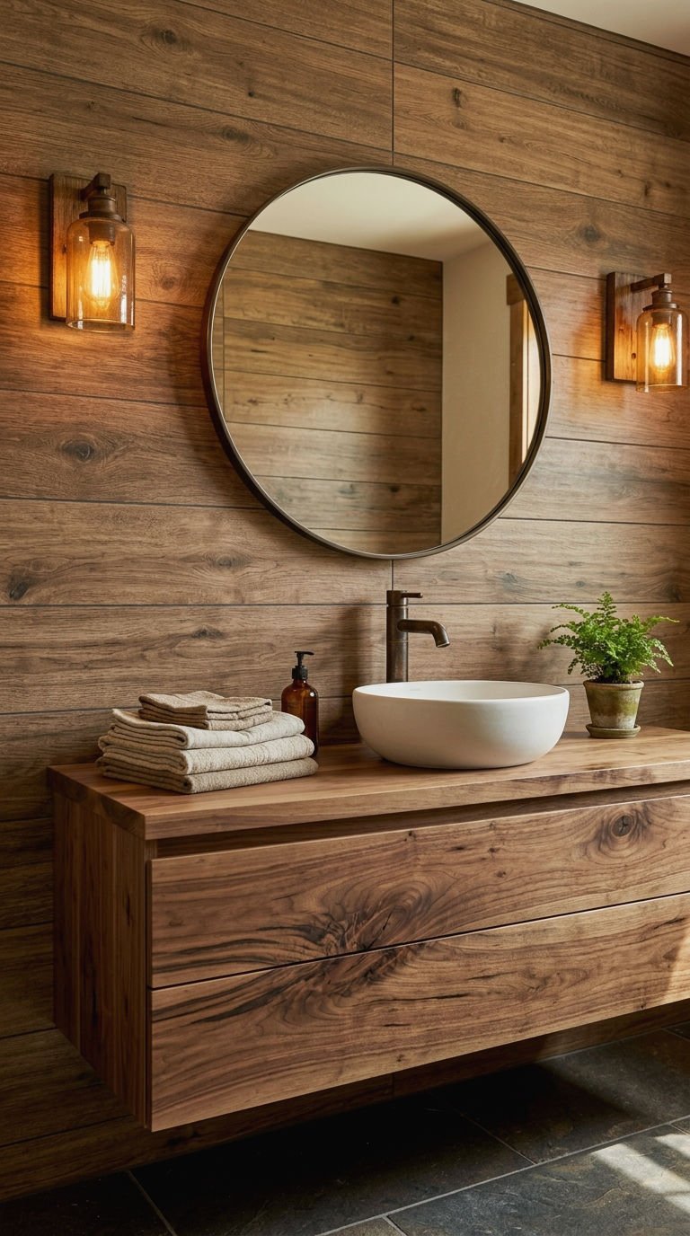 22 Brown Bathroom Tile Ideas for a Cozy Earthy Bathroom 3 3. Wood Look Brown Tile Walls