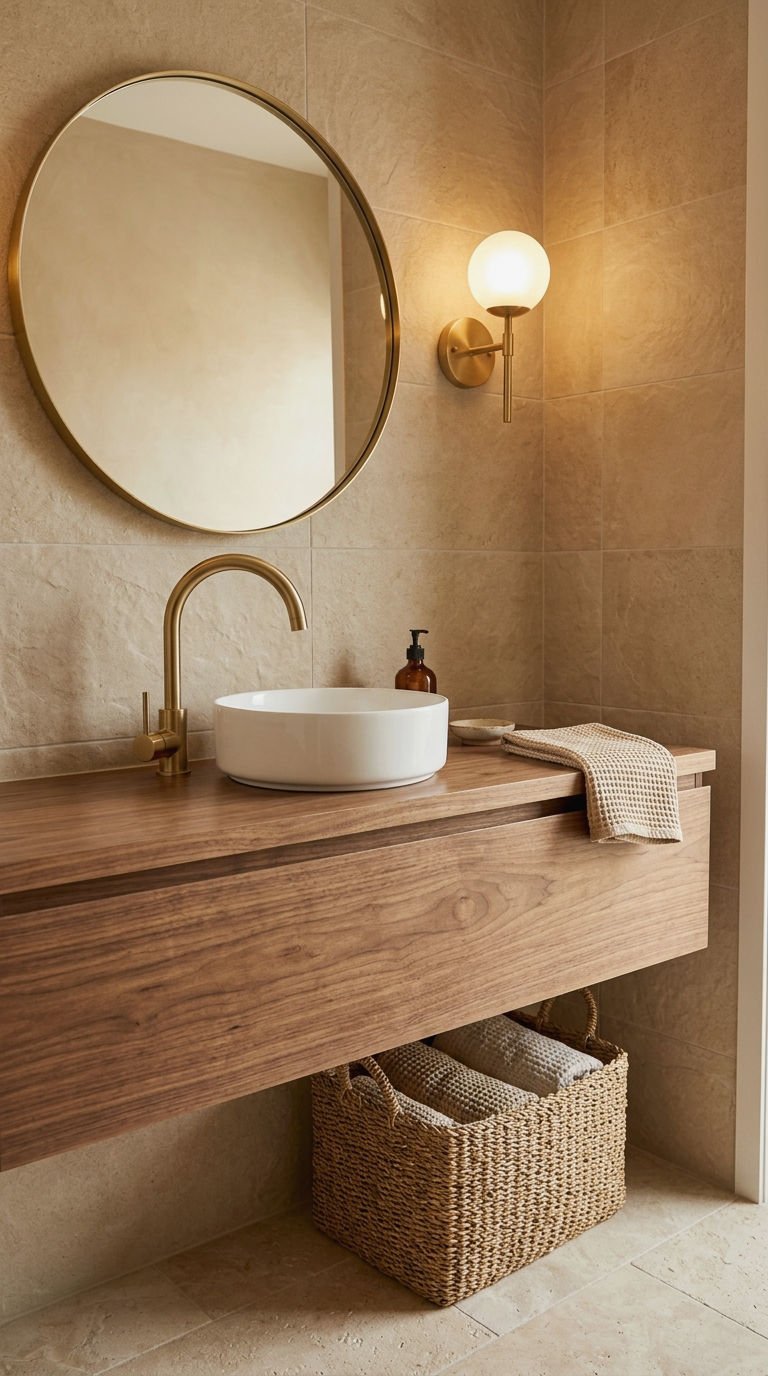 23 Beige Bathroom Tile Ideas for a Warm Neutral Retreat 12 12. Wood Vanity Meets Beige Tile