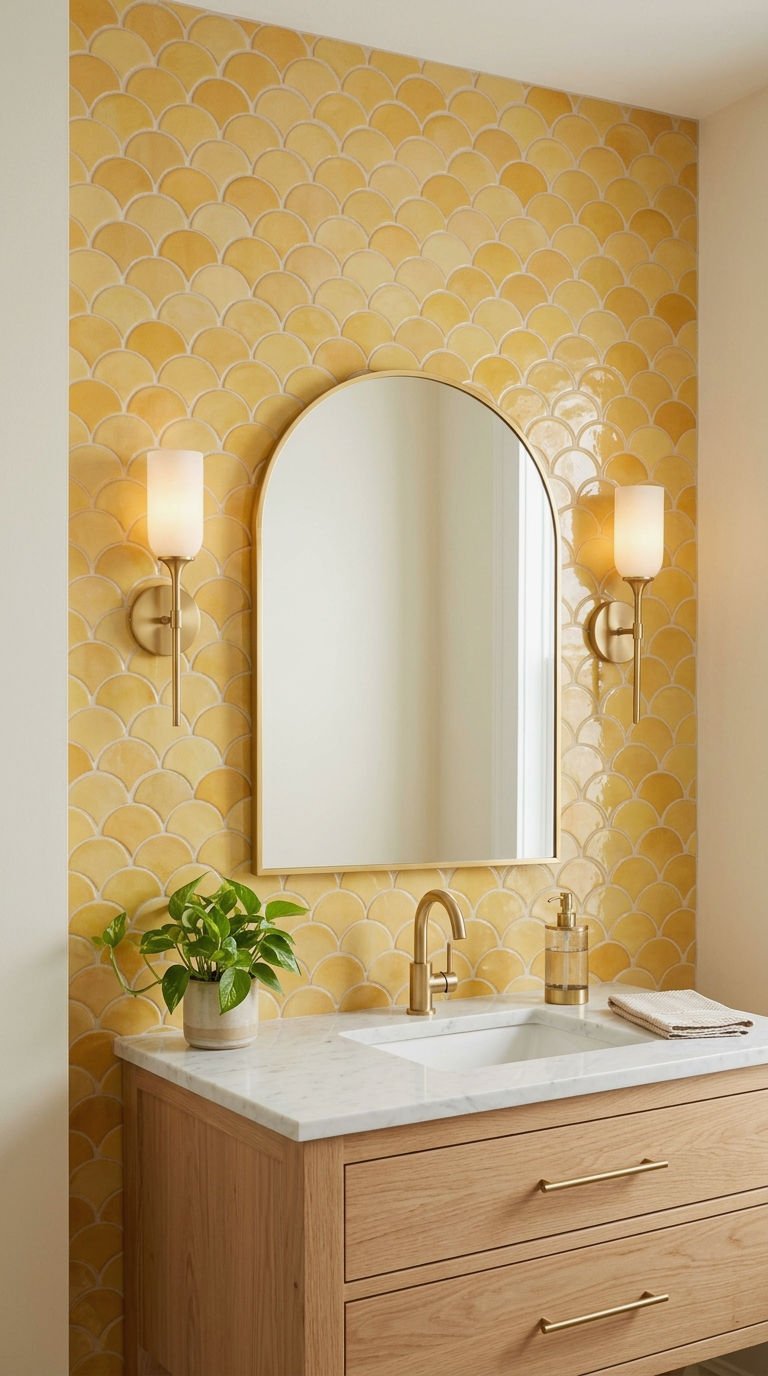 10. Yellow Fish Scale Tile Accent Wall