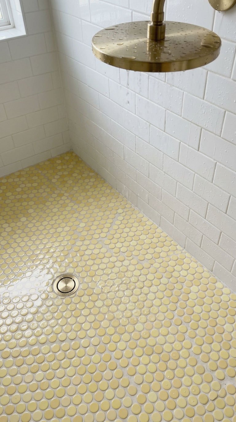 6. Yellow Penny Tile Shower Floor