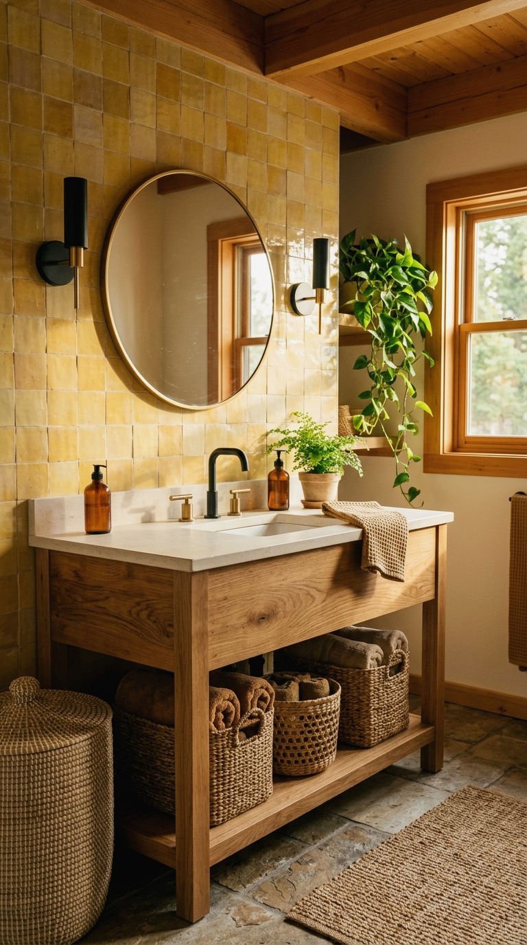21. Yellow Tile with Natural Wood Vanity