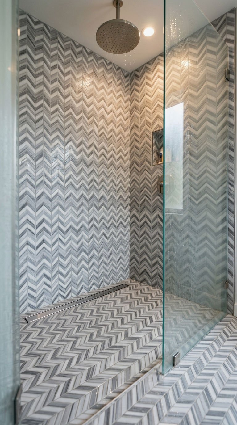 22 Chevron Bathroom Tile Ideas for a Sleek Directional Pattern 19 19. Zigzag Chevron Walk In Shower Floor